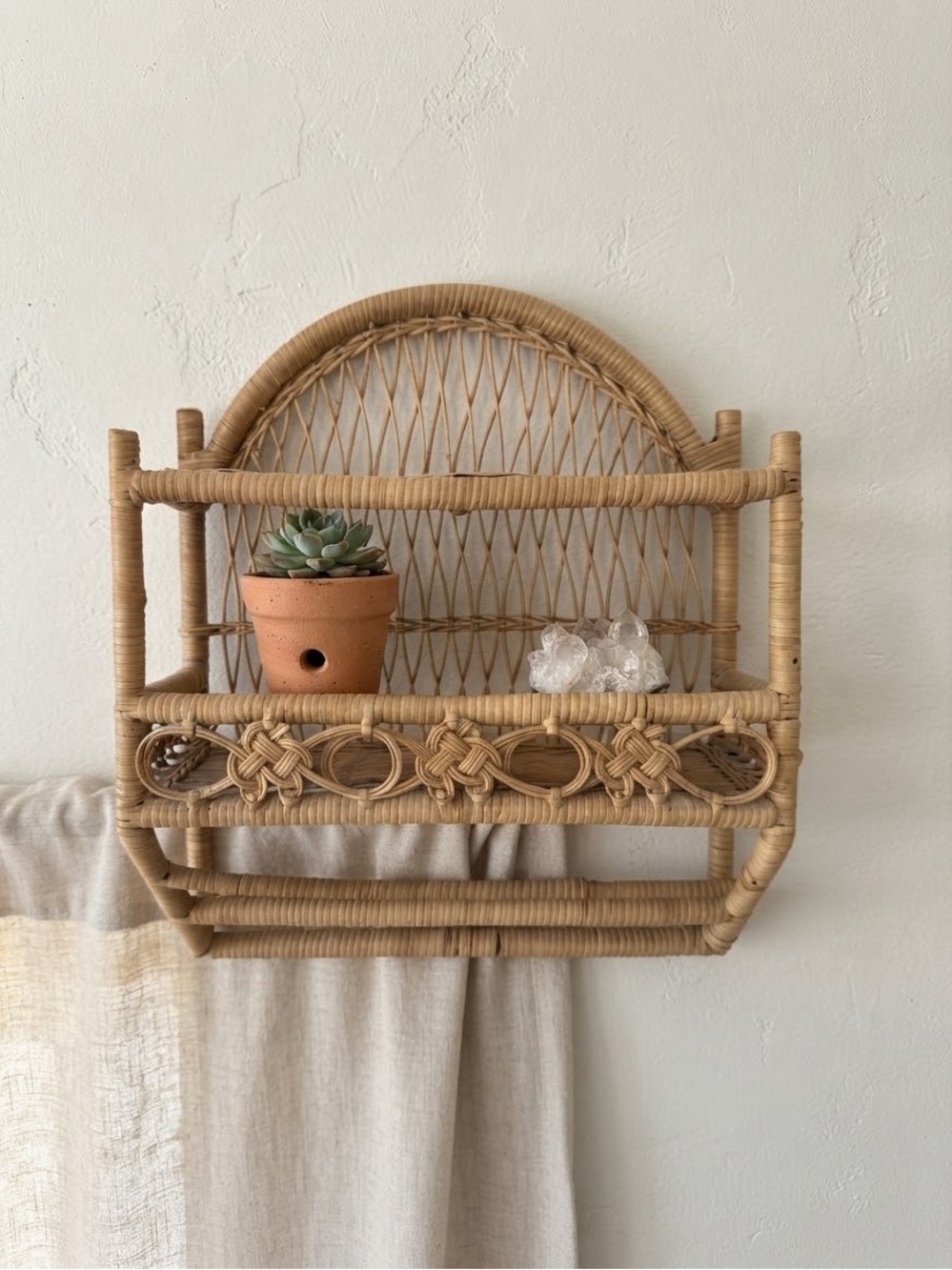 Vintage Boho Two Tier Wicker/Rattan Wall Shelf with towel racks